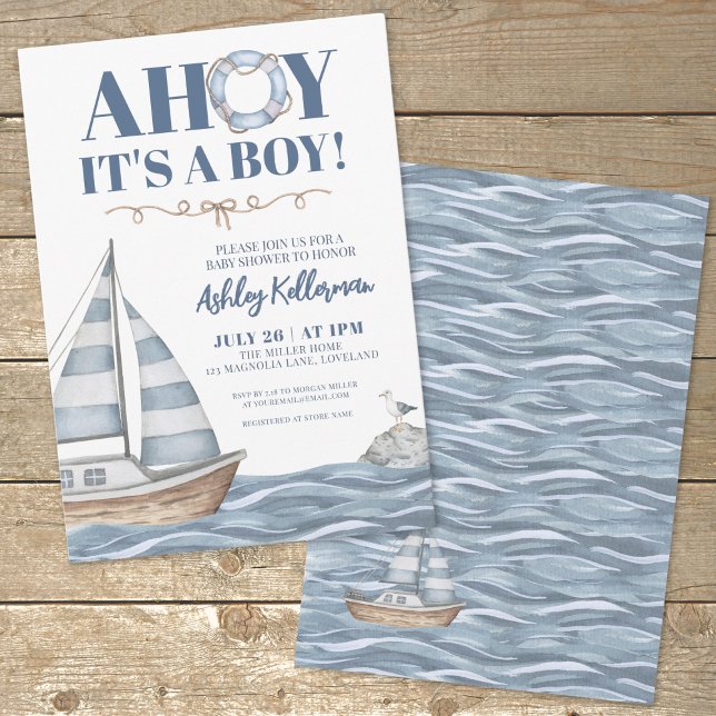 Nautical Ocean Boy Baby Shower Invitation (Ocean Blue Nautical Boy Baby Shower Invitation)