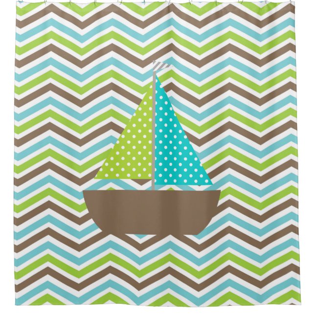 Nautical Ocean Bright Sailboat on Chevron Stripes Shower Curtain (Front)