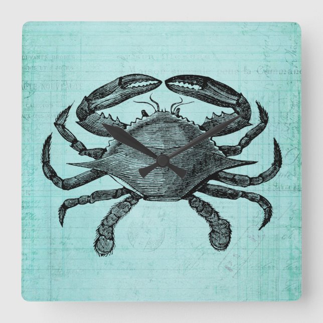 Nautical Ocean Crab Antique Art Teal Paper Design Square Wall Clock (Front)