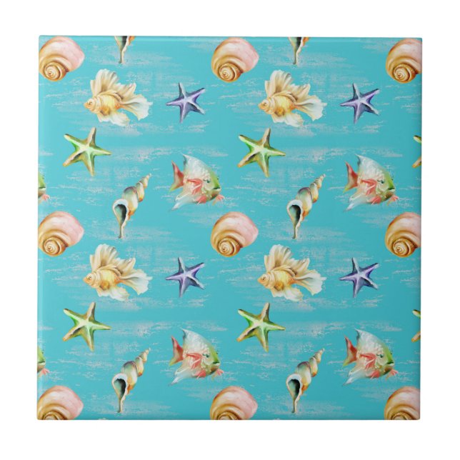 Nautical Ocean Fish Shell Starfish Pattern Tile (Front)
