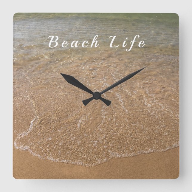Nautical Ocean Sea Waves Sandy Beach Water Quotes Square Wall Clock (Front)