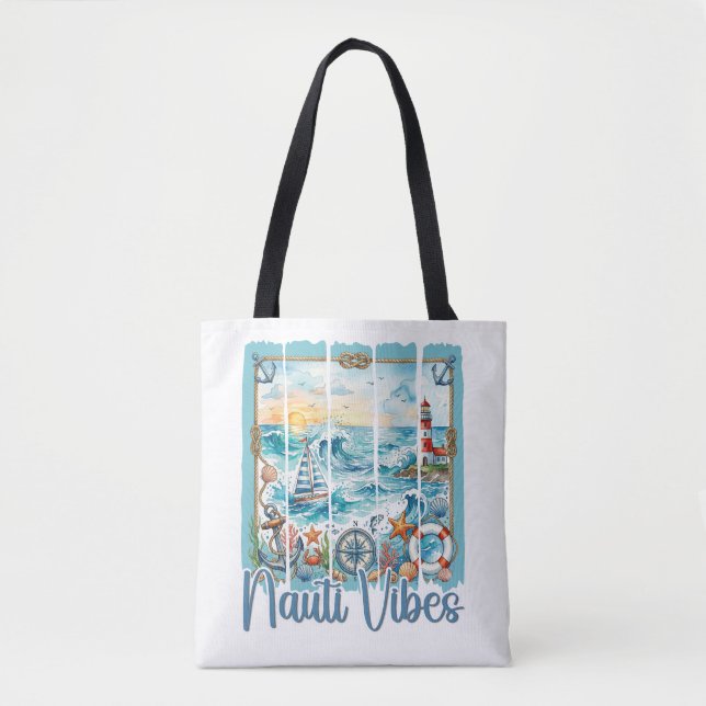 Nautical Ocean Sunset Lighthouse Coastal Beach Tote Bag (Front)