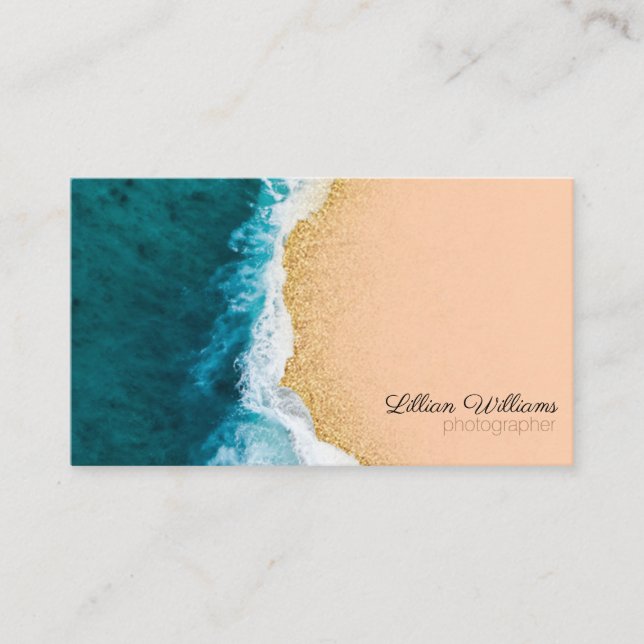 Nautical Ocean Teal Waves Gold Glitter Ombre Coral Business Card (Front)