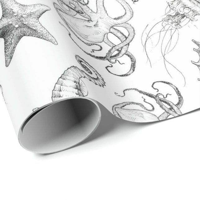 Nautical Ocean Theme Sea Creatures Black and White Wrapping Paper (Roll Corner)
