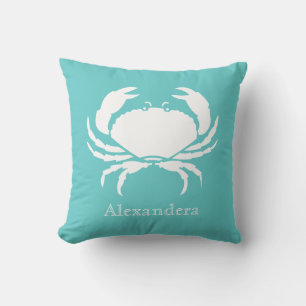 Nautical ocean-themed decor CRAB WHITE teal Cushion