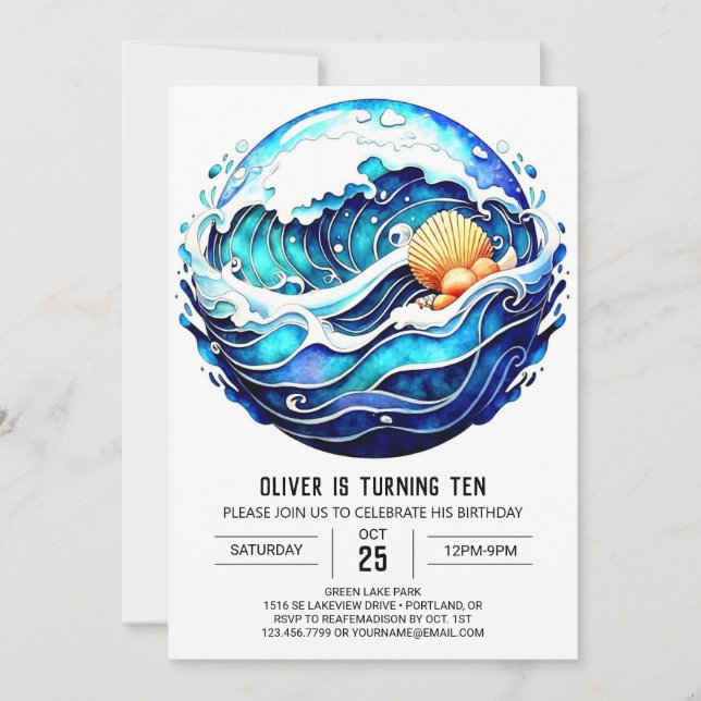 Nautical Ocean Waves Birthday Invitation (Front)