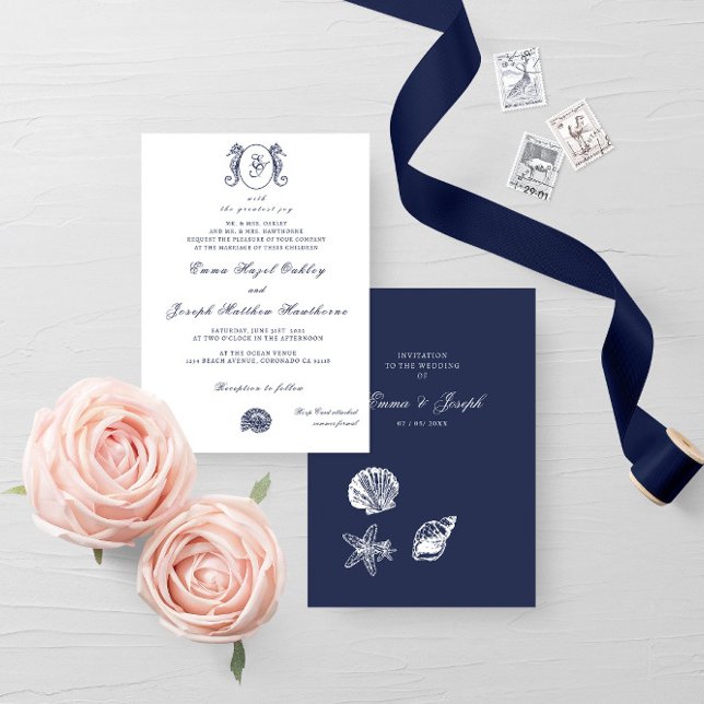 Nautical Oceanic classic dark navy blue 2 Wedding Invitation (Creator Uploaded)