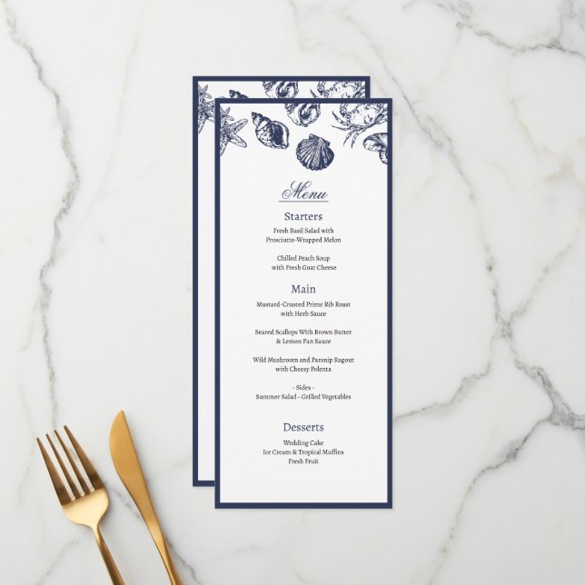 Nautical Oceanic classic navy blue Wedding Menu (Front/Back In Situ)