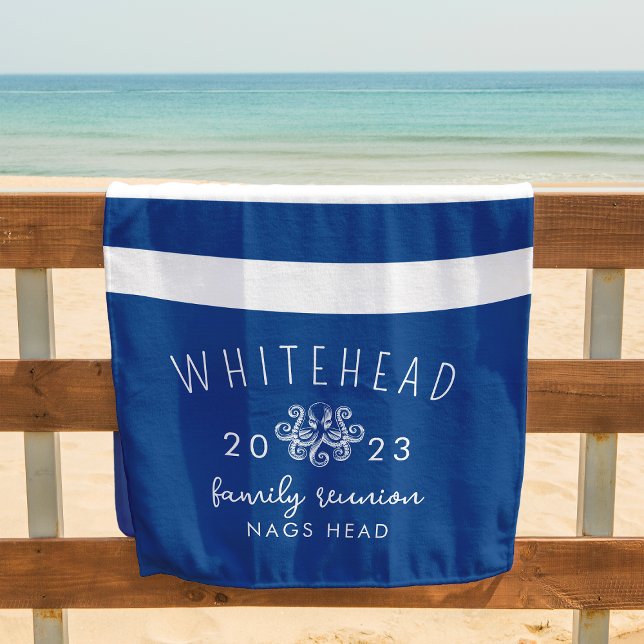 Nautical Octopus Blue & White Stripe Monogram Beach Towel (Creator Uploaded)