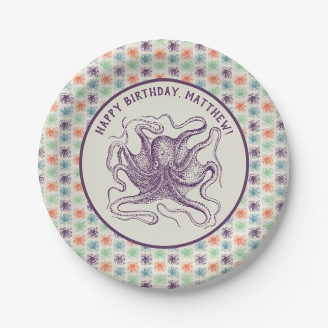 Nautical Octopus Personalised Birthday Party Paper Plate (Front)