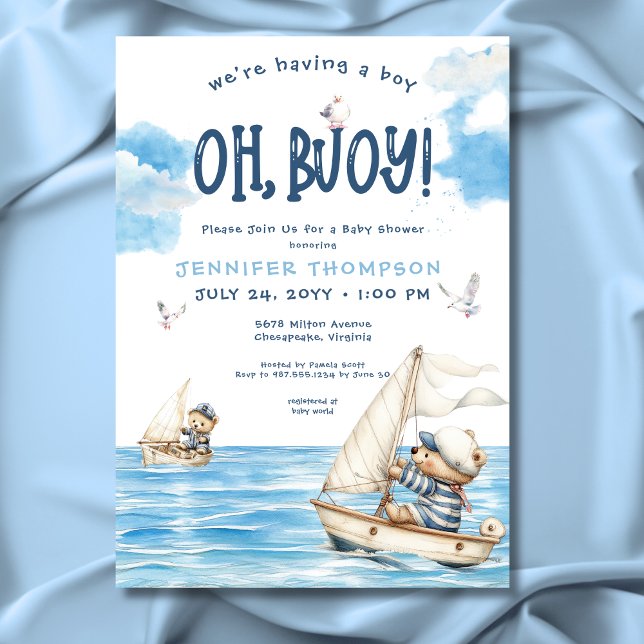Nautical Oh Boy Sailor Teddy Bears Baby Shower Invitation (Creator Uploaded)