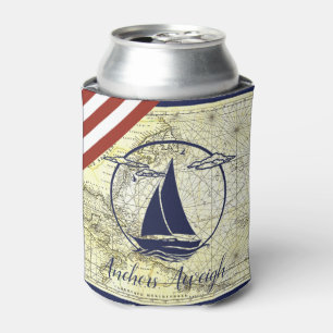 Nautical old map/boat/silhouette/anchors aweigh can cooler