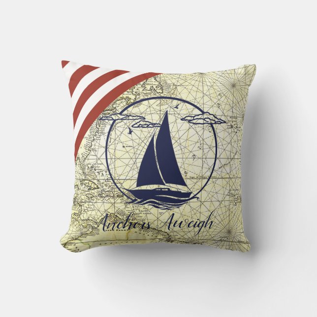 Nautical old map/boat/silhouette/anchors aweigh cushion (Front)