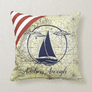 Nautical old map/boat/silhouette/anchors aweigh cushion