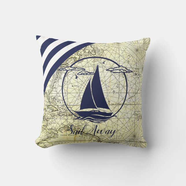 Nautical old map/boat/silhouette/sail away/navy cushion (Front)