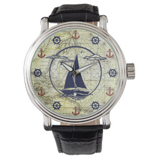 Nautical old map/sailboat/anchor/wheel silhouette watch