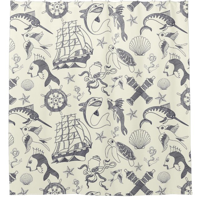 Nautical Old Sailor Tattoos Patterned Shower Curtain (Front)