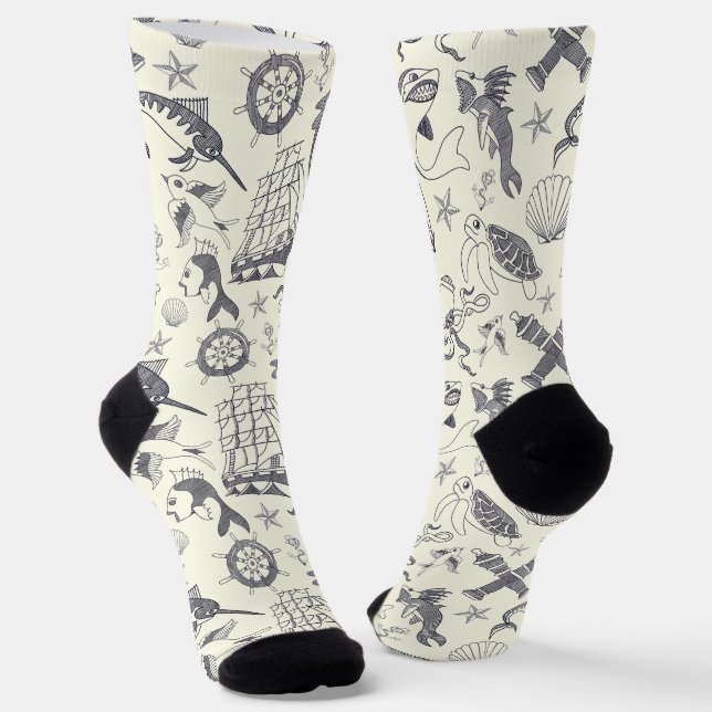 Nautical Old Sailor Tattoos Patterned Socks (Angled)