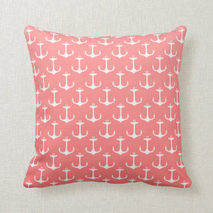 Nautical Ombre Coral Pink White Anchor Pattern Cushion