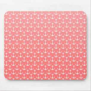 Nautical Ombre Coral Pink White Anchor Pattern Mouse Mat