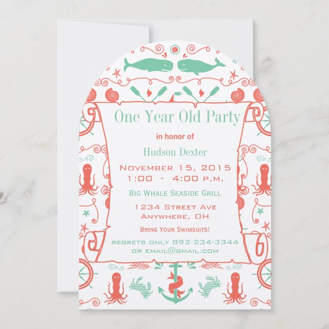 Nautical One Year Old Birthday Coral Mint Invitation (Front)