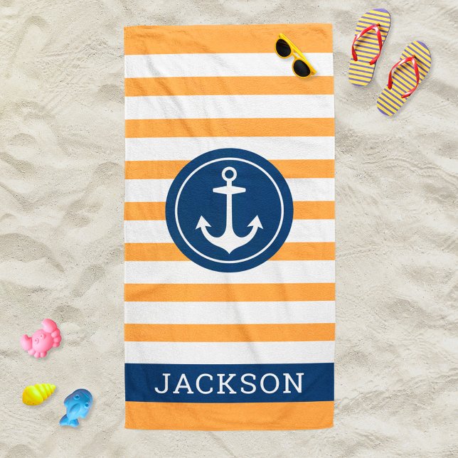 Nautical Orange Stripe Anchor Monogram Name Beach Towel (Creator Uploaded)