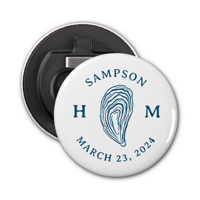 Nautical Oyster Shell Monogram with Name Date Bottle Opener (Front)