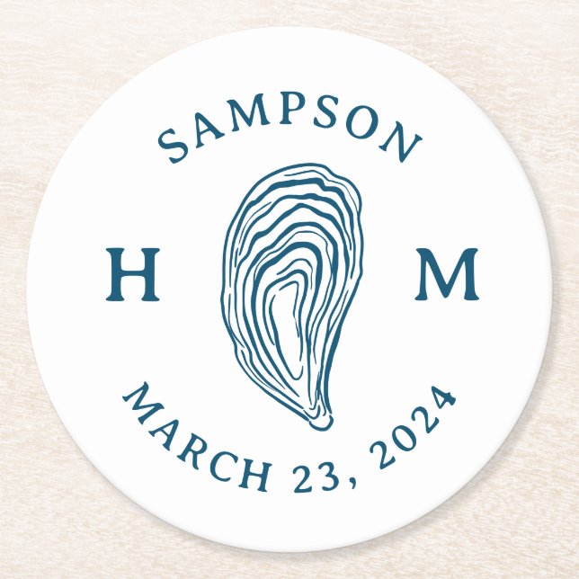 Nautical Oyster Shell Monogram with Name Date Round Paper Coaster (Front)