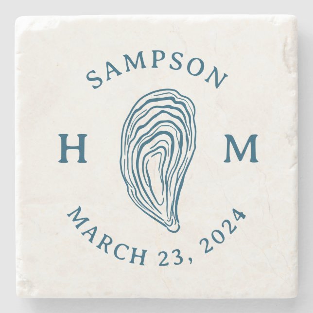Nautical Oyster Shell Monogram with Name Date Stone Coaster (Front)