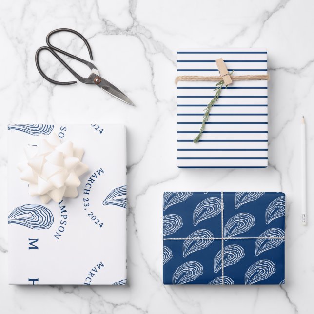 Nautical Oyster Shell Monogram with Name Date Wrapping Paper Sheet (Front)