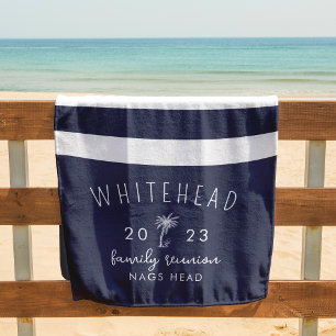 Nautical Palm Stripe Navy Monogram Beach Towel