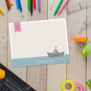 Nautical Paper Boat Monogram Flag Kid's Stationery Invitation