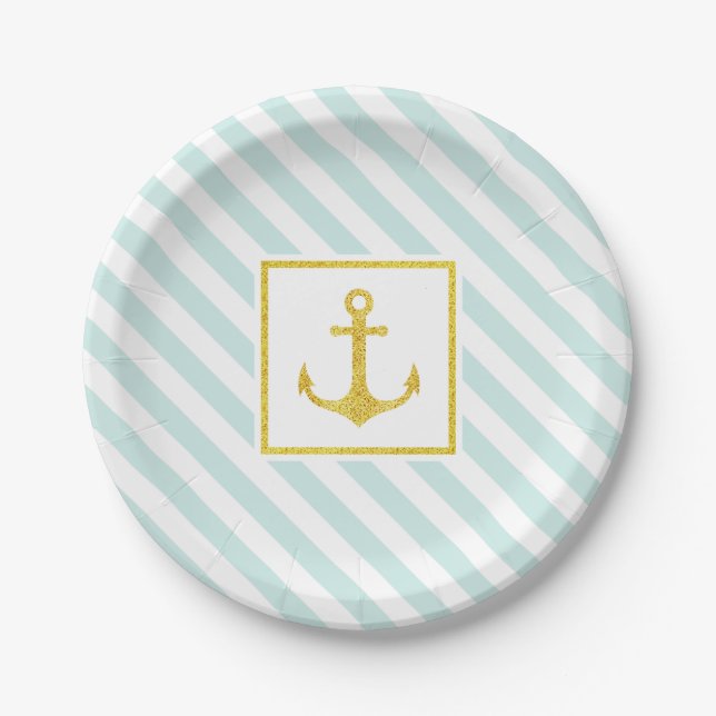Nautical Pastel Blue Stripes Golden Anchor Paper Plate (Front)