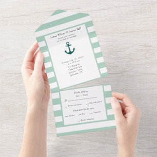 Nautical Pastel Green and White Stripes All In One Invitation