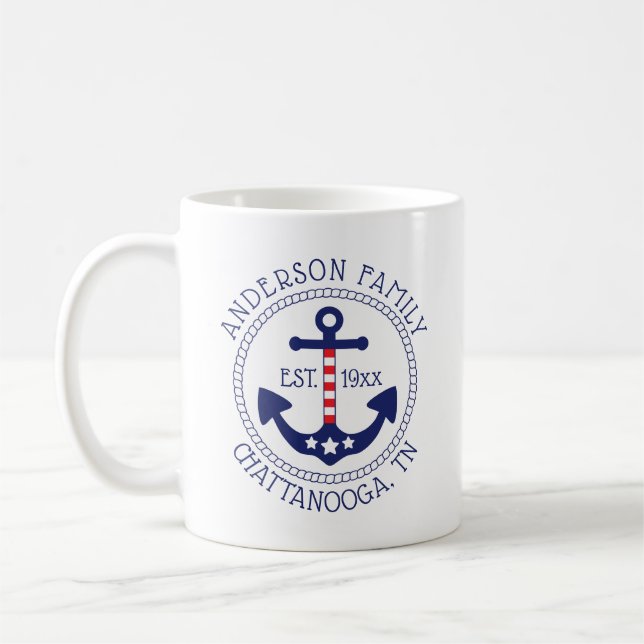 Nautical Patriotic Anchor Family Name Coffee Mug (Left)