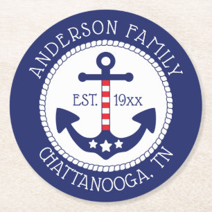 Nautical Patriotic Anchor Family Name Round Paper Coaster