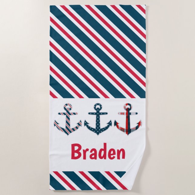 Nautical Pattern Anchors Personalised Beach Towel (Front)