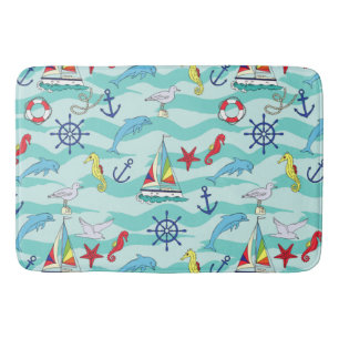 Nautical Pattern Boats Ship Wheel Anchor Dolphin Bath Mat