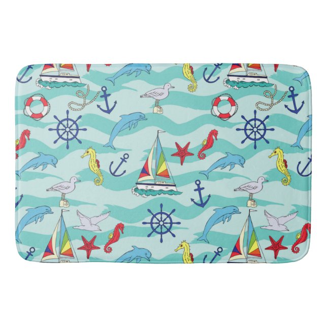 Nautical Pattern Boats Ship Wheel Anchor Dolphin  Bath Mat (Front)