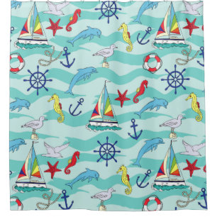 Nautical Pattern Boats Ship Wheel Anchor Dolphin Shower Curtain