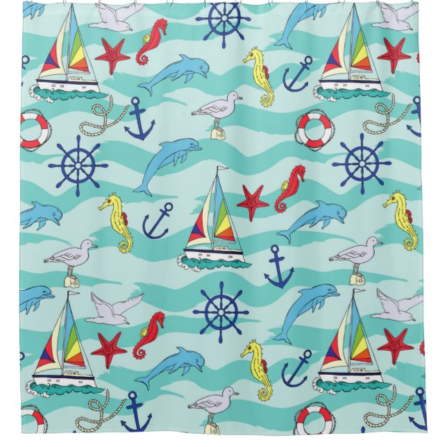 Nautical Pattern Boats Ship Wheel Anchor Dolphin  Shower Curtain (Front)