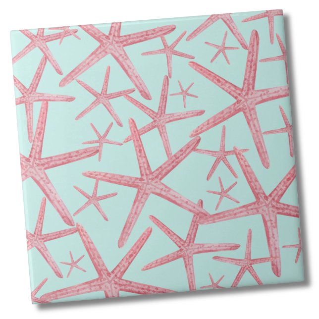 Nautical Pattern Starfish Beach House Tile (Teal Pink Nautical Starfish Sea Beach Pattern Ceramic Tile)