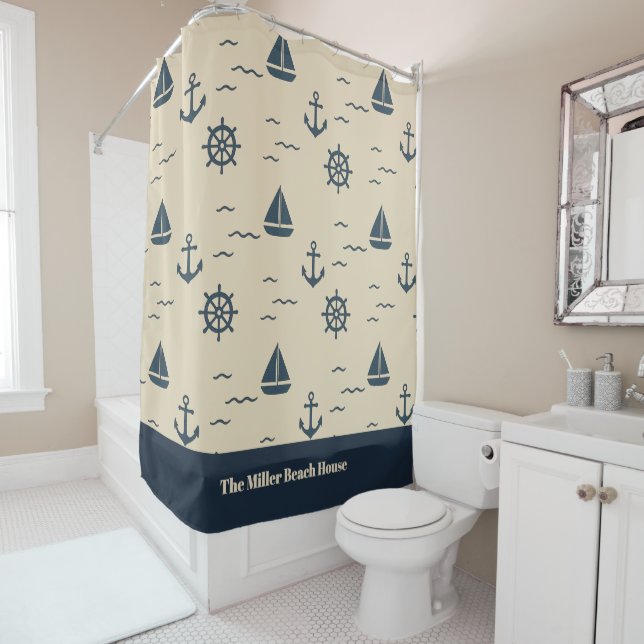 Nautical Pattern with Anchor Sailboat Compass Shower Curtain (In Situ)
