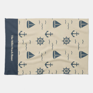 Nautical Pattern with Anchor Sailboat Compass Tea Towel
