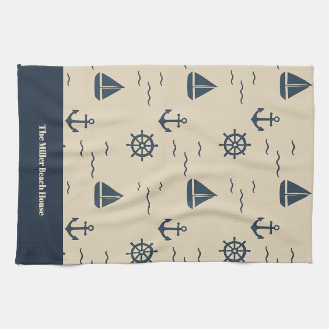 Nautical Pattern with Anchor Sailboat Compass Tea Towel (Horizontal)