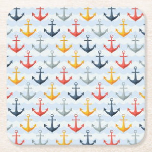 Nautical Pattern with Anchors Square Paper Coaster