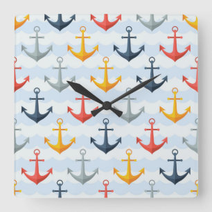 Nautical Pattern with Anchors Square Wall Clock