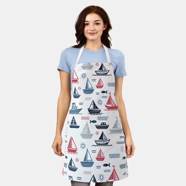 Nautical Pattern with Sailboats and Fish Apron (Worn)