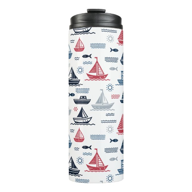 Nautical Pattern with Sailboats and Fish Thermal Tumbler (Front)