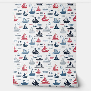Nautical Pattern with Sailboats and Fish Wallpaper